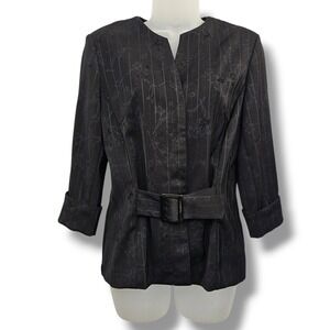 T. Milano Blazer 10 Women Black Floral Pinstripe Belted Jacquard Whimsigoth Chic